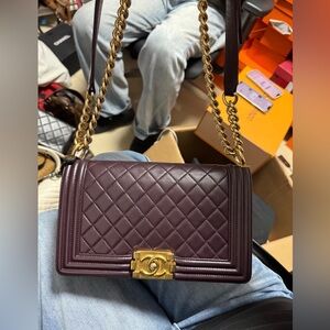 CHANEL Quilted Boy Shoulder Bag - Burgundy with Gold Hardware